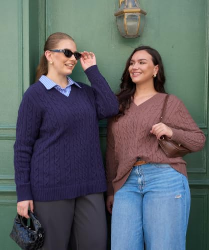 Image of CARCOS Plus Size Sweaters for Curvy Women Long Sleeve Cable V Neck Sweater Knit Pullover Preppy Style Fall Winter XL-5XL