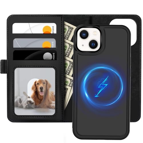 XTCASE Leder Hülle für iPhone 13 Magnetisch Kompatibel mit MagSafe 2 in 1 Abnehmbare Handyhülle Flip Case [Kabelloses Laden] [Kartenfach] [Ständer] Klappbare Klapphülle Schwarz