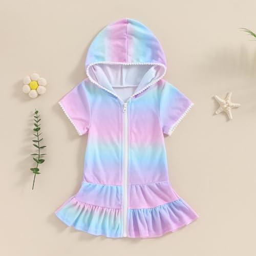 Image of Girls Swim Cover Up Kids Short Sleeve Swimsuit Coverups Terry Zip-Up Hoodies Beach Dress Ruffle Bathing Suit Wraps