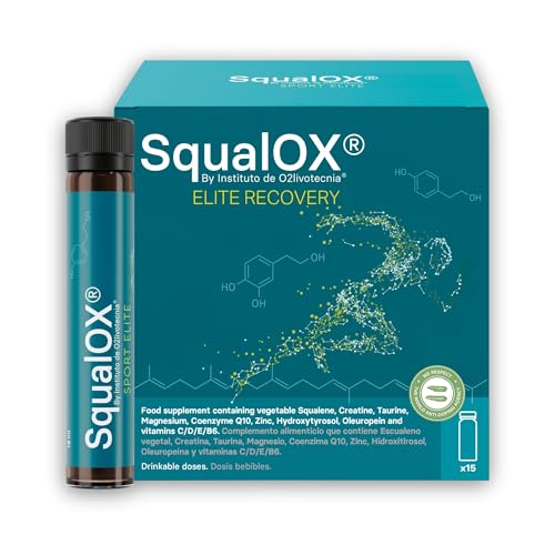 SqualOX® Elite Recovery – Suplemento post-entreno con Creatina, Taurina, Escualeno, Polifenoles, Magnesio, Zinc, Coenzima Q10 y Vitaminas C, D, E y B6 | Recuperación muscular | 15 Dosis bebibles