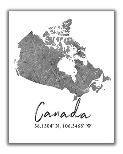 wall map of canada - Canada Map Wall Art Print - 8x10 Silhouette Decor Print with Coordinates. Makes a Great Canadian-Themed Gift. Shades of Grey, Black & White.