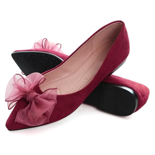 Image of SAILING LU Womens Bowknot Ballet Flats Pointy Toe Suede