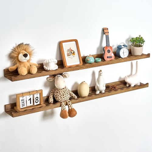 Fun Memories Picture Ledge Shelf for Wall, 48 inch Pine Wood Nursery Book Shelves Set of 2- Wall...