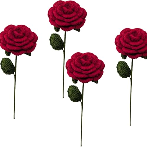 Image of Prapti Handicrafts Handmade Crochet Rose Artificial Forever Flowers for Vase, Home Decoration (4, red Rose)