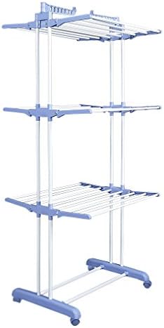 QuanShiChuangYi Clothes Airer, Foldable 3 Tier Clothes Airers Indoor Strong & Sturdy, Laundry Drying Clothes Rack on Wheel for Drying Hanging, Blue