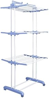 QuanShiChuangYi Clothes Airer, Foldable 3 Tier Clothes Airers Indoor Strong & Sturdy, Laundry Drying Clothes Rack on Wheel for Drying Hanging, Blue