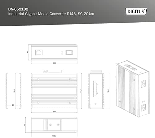 DIGITUS Konwerter mediów DIN-Rail - Singlemode - Gbit Ethernet - RJ45 / SC - długość fali 1310 nm - do 20 km - czarny