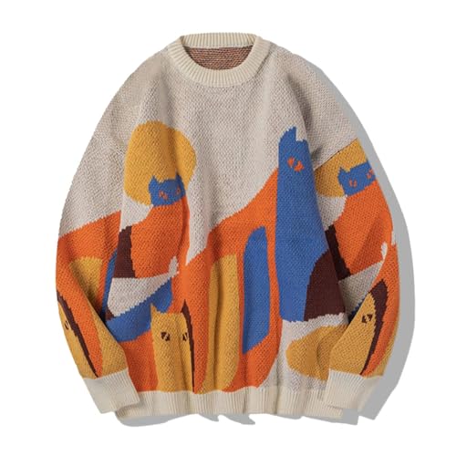 Aelfric Eden Graphic Sweaters Color Blocking Cat Sweater Vintage Oversized Crewneck Knit Pullover Christmas Tops