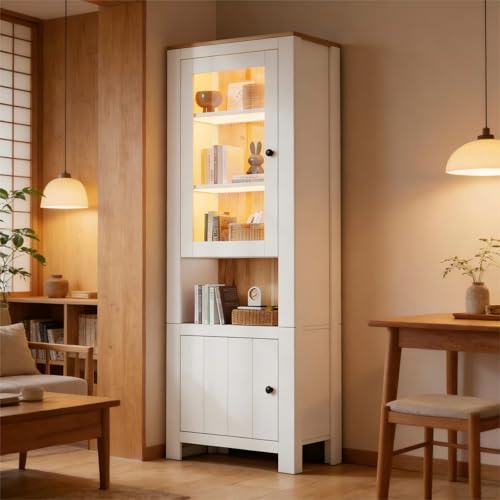 KOMHTOM Vitrine Haute de Salon avec LED 70x188 cm, Armoire de Rangement 2 Portes en Verre, Bibliothèque Moderne Blanc et Bois Naturel(70x40x188cm)