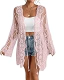 Bsubseach Womens Bathing Suit Cover Up Swimwear 2026 Back Cut Out Mesh Swimsuit Coverup Sheer Floral Beach Lace Kimono Summer Cardigan (Pink)