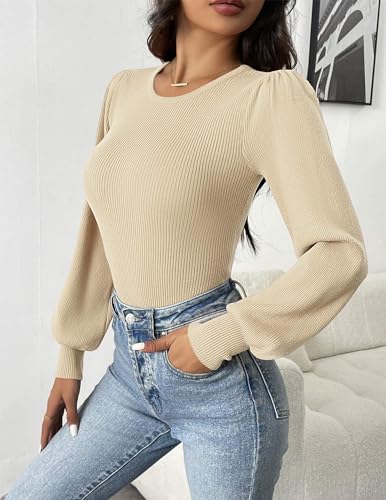 Image of Zeagoo Womens Sweaters Long Sleeve Bodysuits 2026 Fall Crewneck Puff Knit Pullover Tops