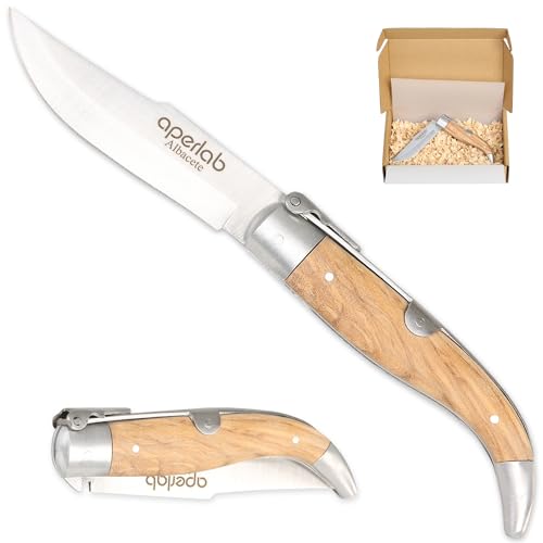 Aperlab, Navaja de Albacete, hecha a mano fabricada de forma artesanal, hoja de acero inoxidable y cachas en madera de olivo natural, plegable y con seguro para que no se cierre sola. (Hoja de 8,5 cm)