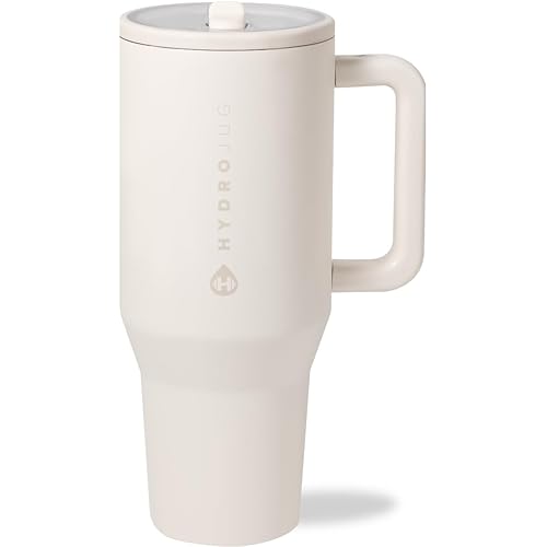 HydroJug Traveler - 40 oz Water Bottle with Handle & Flip Straw - Fits in Cup Holder, Leak Resistant Tumbler-Reusable Insulated Stainless Steel & Rubber Base - Gifts for Women & Men, Cream