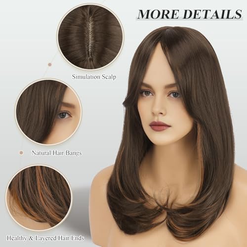 Image of FESHFEN Wigs with Bangs for Women, Synthetic Natural Looking Long Layered Straight Hair Wig for Women Daily Party Use, 18 inch Brown Mixed Auburn