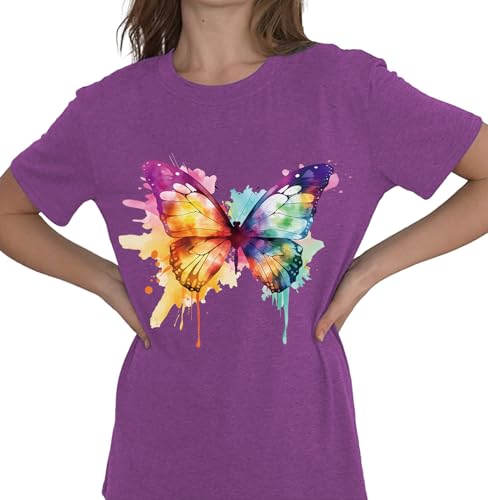 Image of Cat Shirts for Women Butterfly Graphic Tops Dandelion T Shirt Womens Vacation T-Shirt Nature Lover Tee