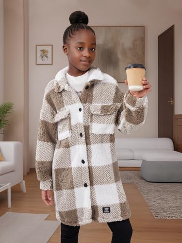 Girls Plaid Coats Kids Jacket Button Long Sleeve Fall Winter Coat Lapel Outerwear Plush Fleece Jackets for 8-12 Years2