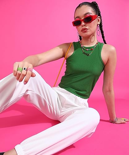 Image of POPWINGS Women Casual Green Rib Tank Crop Top Tops for Women | Stylish Tops for Women | Trendy Tops Women