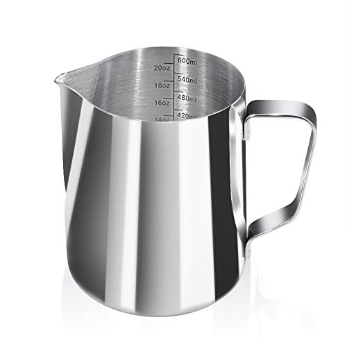 Newness Jarra de Leche de Acero Inoxidable 304, 600 ML Taza de Leche Espuma Jarra de Leche, Taza de Café Espumador de Leche para Café y Latte Art Capuchino