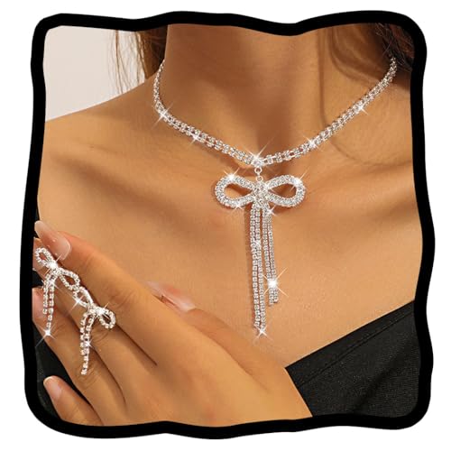 JEAIRTS Rhinestone Bow Jewelry Set Silver Sparkly Bowknot Necklace and Earrings Crystal Prom Jewelry Sets for Women(1-Silver)