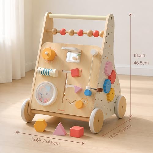 Image of Pillowhale Wooden Baby Walker with Wheels Montessori Activity Push Walker Toy for Toddlers Adjustable Speed & Activity Center for Girls Boys 12M+