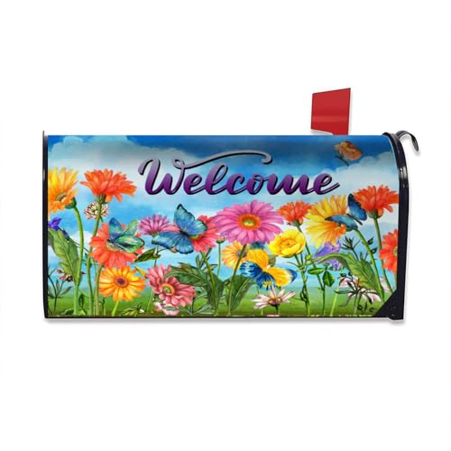 Image of Spring Summer Colorful Flowers Mailbox Covers Magnetic Large Size 25.5 inchx21 inch Welcome Beautiful Flowers Mailbox Cover Wraps Post Letter Box Cover Holiday Mailbox Decoration Decor for Outside Garden Yard