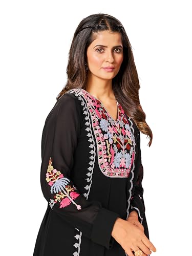 Image of Fabzoo Women's Georgette Embroidery Work & Original Mirror Anarkali Kurta Palazzo & Dupatta Set | Kurta & Palazzo Full Stitch And Full Inner | Palazzo Full Elastic.