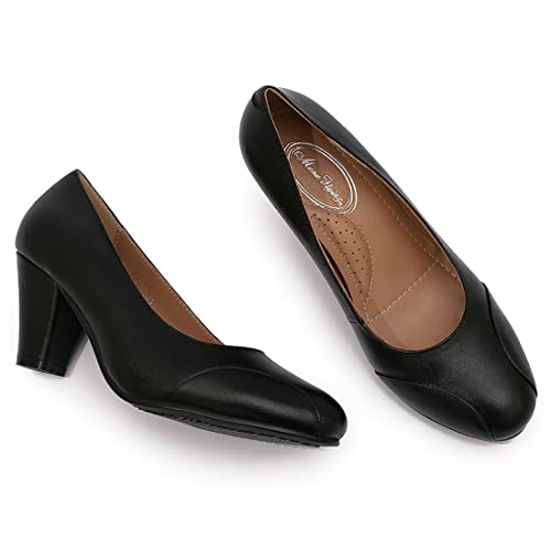 Mona flying Womens Retro Dress Pumps 7cm Chunky Heel Leather Dressy Shoes for Ladies4