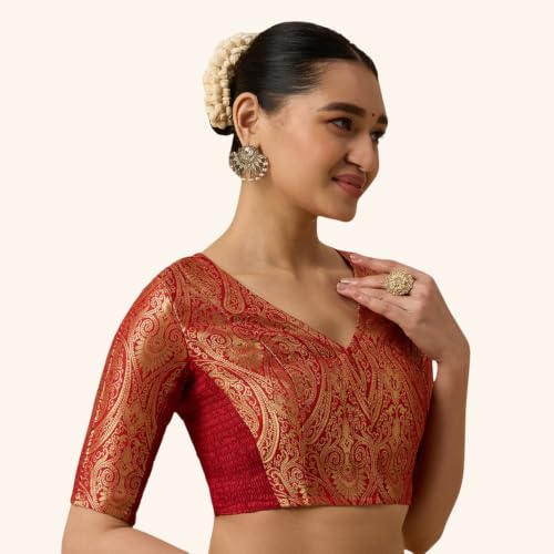 Image of Studio Shringaar Women's Brocade Side Stretch (Smocked) Readymade Saree Blouse