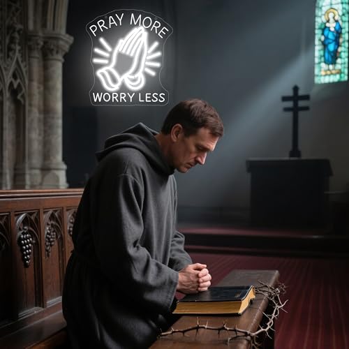 Image of Pray More Worry Less Neon Sign for Wall Decor Dimmable Praying Hands LED Neon Light Christian Decor for Prayer Room Home Church God Jesus Inspirational Religious Wall Art Gifts Size 12.4*11in(GLNP216)