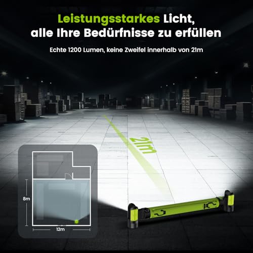 LED Werkstattlampe, ETOOLAB LED Arbeitsleuchte, 5200 mAh, Echte 1200lm, Motorraumleuchte mit Magneten, Baustrahler, 360°Haken, Anwesenheits-Sensor, für Camping, Baustelle,Garage, Grün