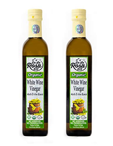 ORGANIC Italian White Wine Vinegar (2-Pack) - De La Rosa (2) 16.9oz Glass Bottles - Barrel Aged in Oak | Vegan, Gluten-Free & Kosher | Great for salads, dressing and more!