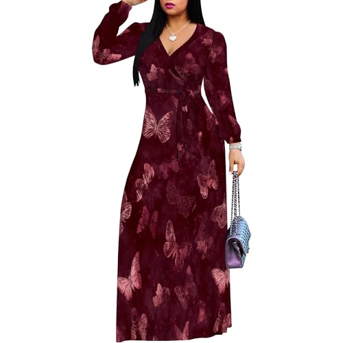 Image of PinkPatty Women's Long Sleeve Maxi Dress Plus Size Trendy Wedding Guest Wrap Dress with Pockets&Belt