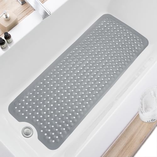 TEESHLY Bath Tub and Shower Mats Non Slip 40 x 16 Inch Extra Large Bathtub Mat Machine Washable Bathmat with Drain Holes Suction Cups for Bathroom Floor Gray
