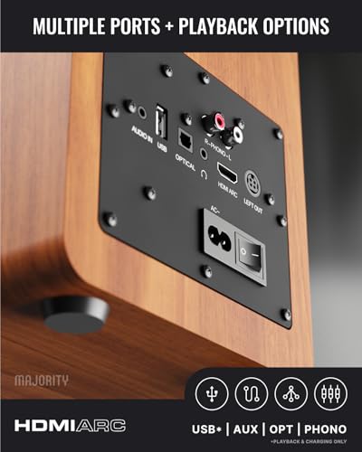MAJORITY Active Bookshelf Speakers | 2.0 Stereo System | 5.3 Bluetooth, USB Playback & Charging | AUX, HDMI ARC, Optical, Phono | TV, PC, Turntable & Gaming Speakers | D100X Walnut - Image 6