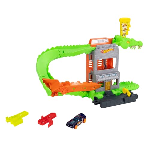 Pista Hot Wheels Croc Pizza Attack para evitar que el caimán coma el coche 3