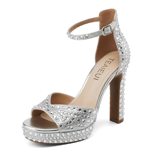 Image of TEAIEUI Pearl Platform Heels for Women, Peep Open Toe Block Heeled Sandals | 4.7 Inch Chunky High Heels, Wedding Shoes with Ankle Strap, Bridal Sandals, for Party, Prom, Evening