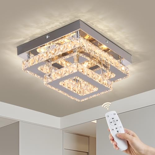 Warmiehomy Dimmable Crystal Ceiling Light with Remote, Square Crystal Chandelier 2 Layers, Flush Mount Ceiling Lights with K9&Stainless Steel for Living Room Bedroom Hallway Kitchen Porch,30X24cm
