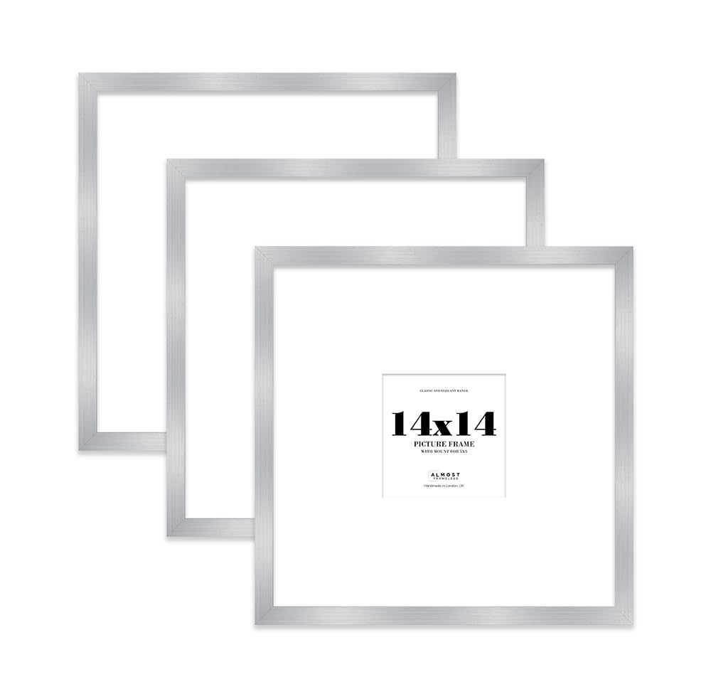 14x14 Silver Picture Frame with Large Mount for 5x5 Photos, Prints - Modern Square Wall Frame, Set of 3