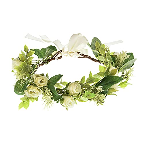 Love Sweety Bridal Rose Flower Crown Wreath Floral Headband for Wedding (Leaf-White)