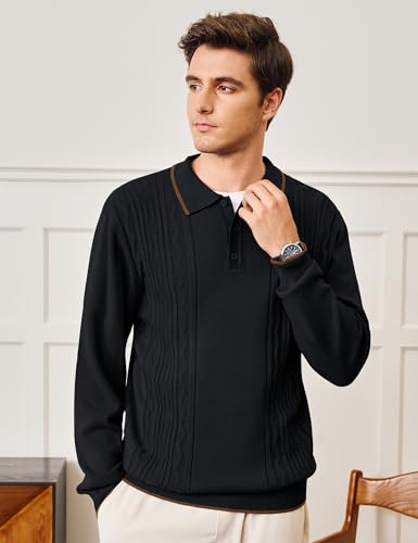 Cotrasen Mens Knit Polo Sweater Long Sleeve Textured Casual Collared Button Sweater Ribbed Lightweight3