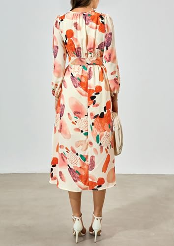 PRETTYGARDEN Women's Floral Midi Dress Casual Fall V Neck Long Sleeve Flowy Spring Beach Wedding Guest Vacation Dresses