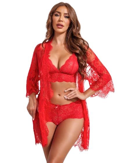 Loom Bloom Women Floral Lace Lingerie Set with Strappy Bra and Robe | Babydoll Nightwear with Shoulder Straps | Soft Polyester Intimate Wear (Free Size)-picture-54