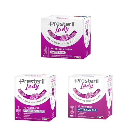 Presteril Lady, Mix di prodotti: Assorbenti Giorno, Notte e Proteggislip pocket, 3 Confezioni da 10 e 24 unità (totale 44)