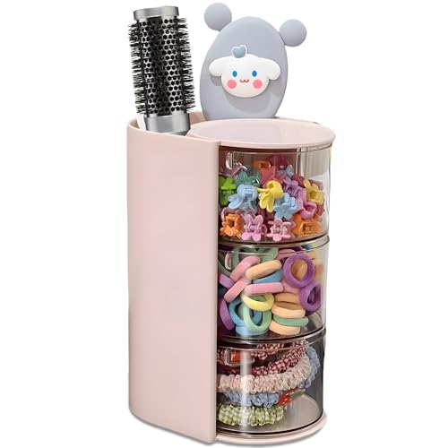 Image of Azurphoric Hair Accessories Organizer with Hair Brush Holder, Rotatable Makeup Brush Holder for Necklaces, Earring, Bracelet, Ring, Makeup Brushes, Hair Clip and Hair Accessories (Pink, 3-Layer)