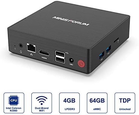 N36 Mini PC Fanless Intel Celeron N3060 Processor(up to 2.48 GHz),Windows 10 Pro(64-bit) Mini Desktop Computer, 4GB DDR3/ 64GB eMMC Mini PC, Support HDMI and VGA, 4K/30Hz HD, 2.4G/5G WiFi