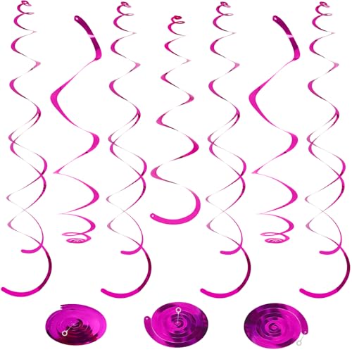 Image of 24 PCS Hot Pink Hanging Swirl,Fuschia Sparkle Ceiling Hanging Decorations, Plastic Streamer Party Decorations with Double-Swirls and Single-Swirls for Birthday Decorations,Hawaii,Summer