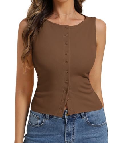 Image of Belle Poque Womens Button Down Tank Tops Ribbed Summer Vest Slim Fit Crop Going Out Tops Open Front Sleeveless Y2K Clothes