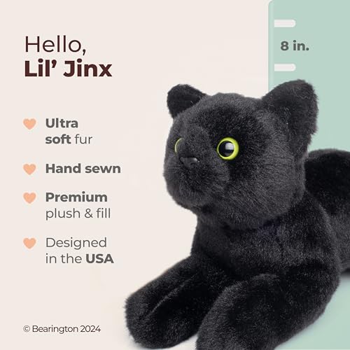 Image of Bearington Lil' Jinx Black Cat Plush - 8 inch Realistic Black Cat Stuffed Animal Toy with Soft Fur and Lifelike Details - Adorable Kitty Plushies Gift for Kids, Toddlers, and Animal Lovers