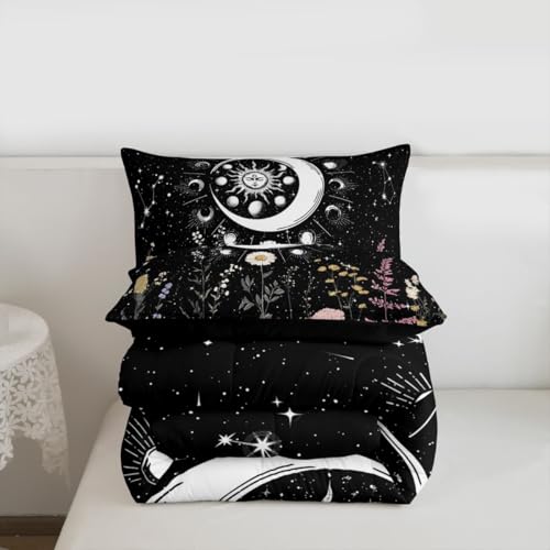 Image of Feelyou Sun and Moon Decor Bedding Set Twin Size Girl Bohemian Comforter Sets Kids Boys Boho Exotic Style Black and White Cute Galaxy Stars Comforter Botanical Floral Plant Quilt Set with 1 Pillowcase