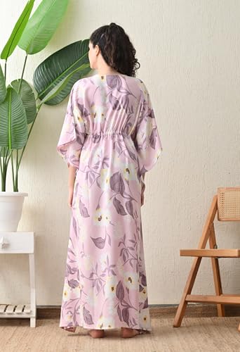 Image of Ichaa Women's Pink Rayon Printed Round-Neck Kaftan-Style Free Size Nighty with Drawstring